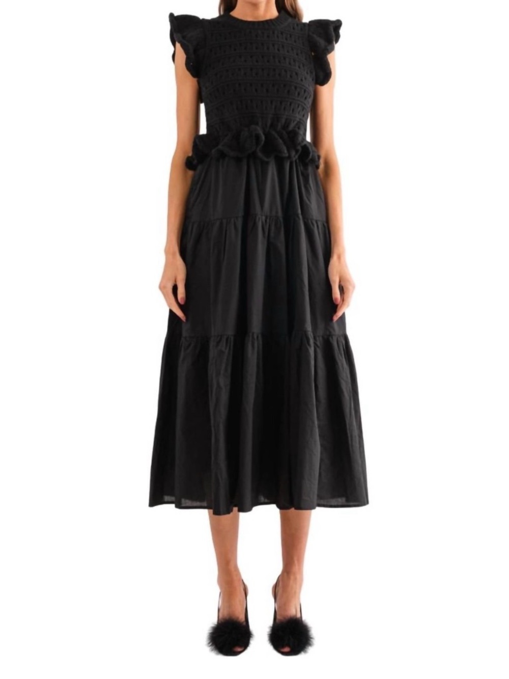 Black Midi Dress with Ruffled Shoulders and Tiered Skirt